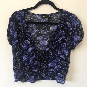 blue floral front tie top